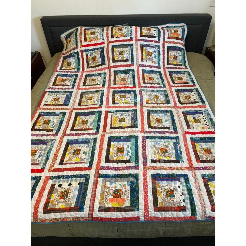Vintage Handmade Log Cabin Patchwork Quilt Heart Quilted Multicolor 63x88